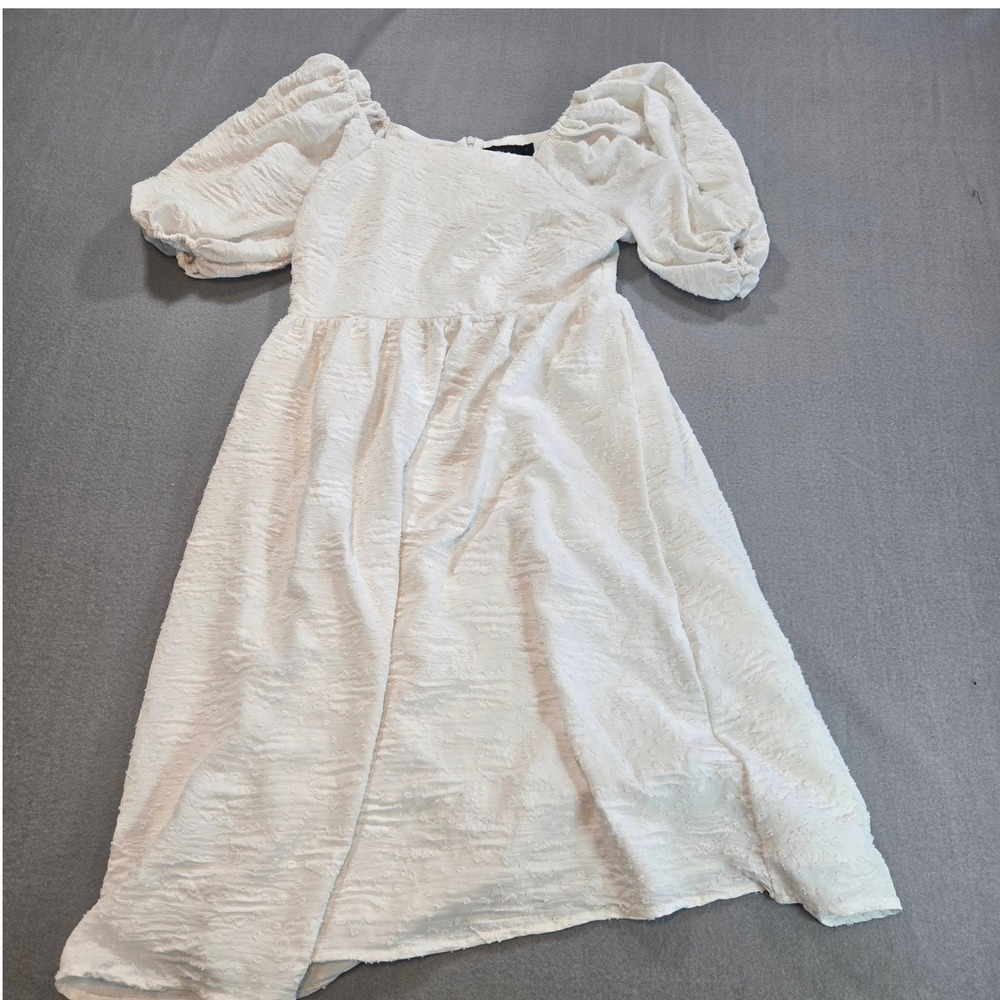 Mikarose Puff Sleeve Dress Womens Small White Textured Floral Square Neck Modest